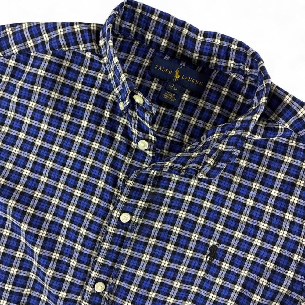 Youth Ralph Lauren Blue & White Plaid Button Up Shirt. Youth Size: L (14-16)